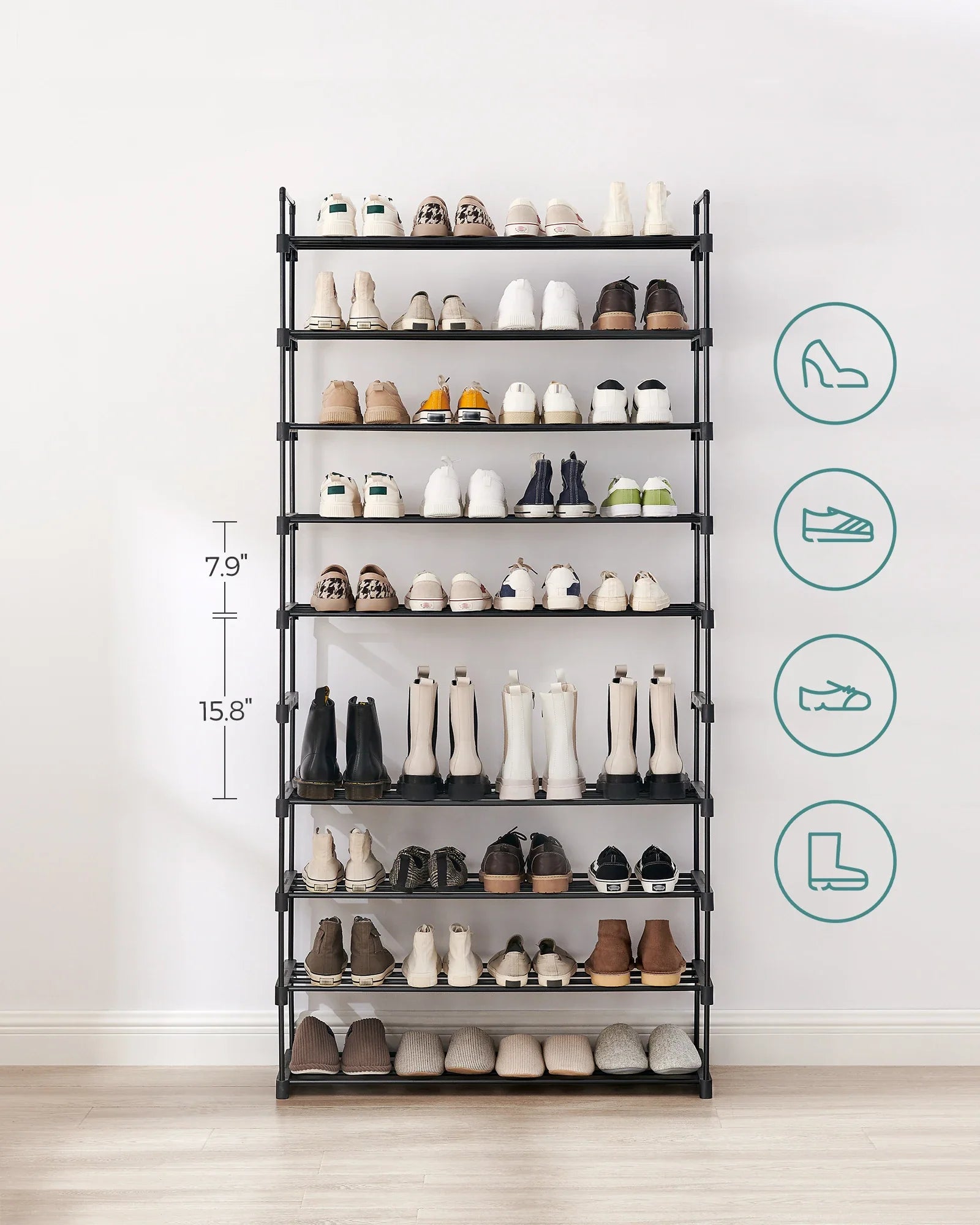 SONGMICS LSA10BK 10 Tier Shoe Rack High Shoe Rack Slim Shoe Rack Storage Metal Space Saving Dressing Room Entrance