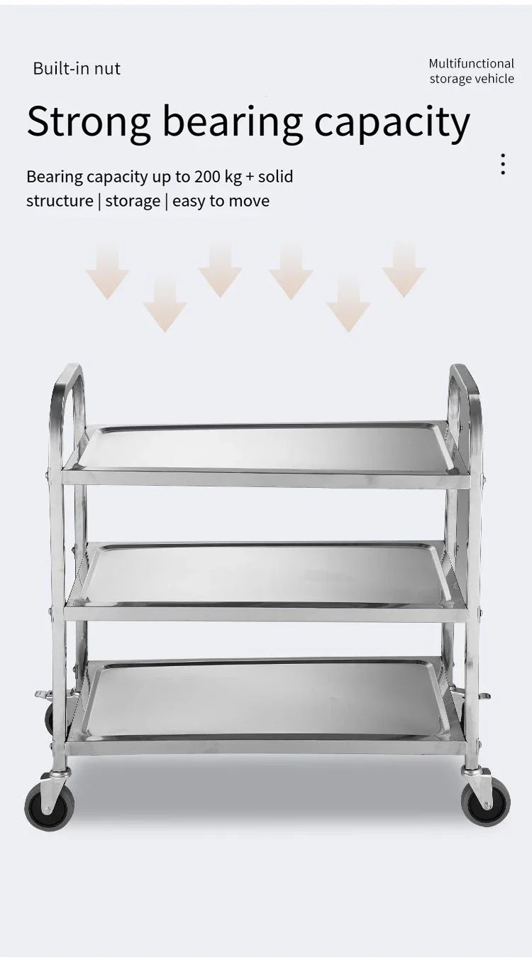 Stainless Steel Cart with Thickened Three Layers- Kitchen Utility Cart for Serving  Collecting Dishes Multi-functional Trolley