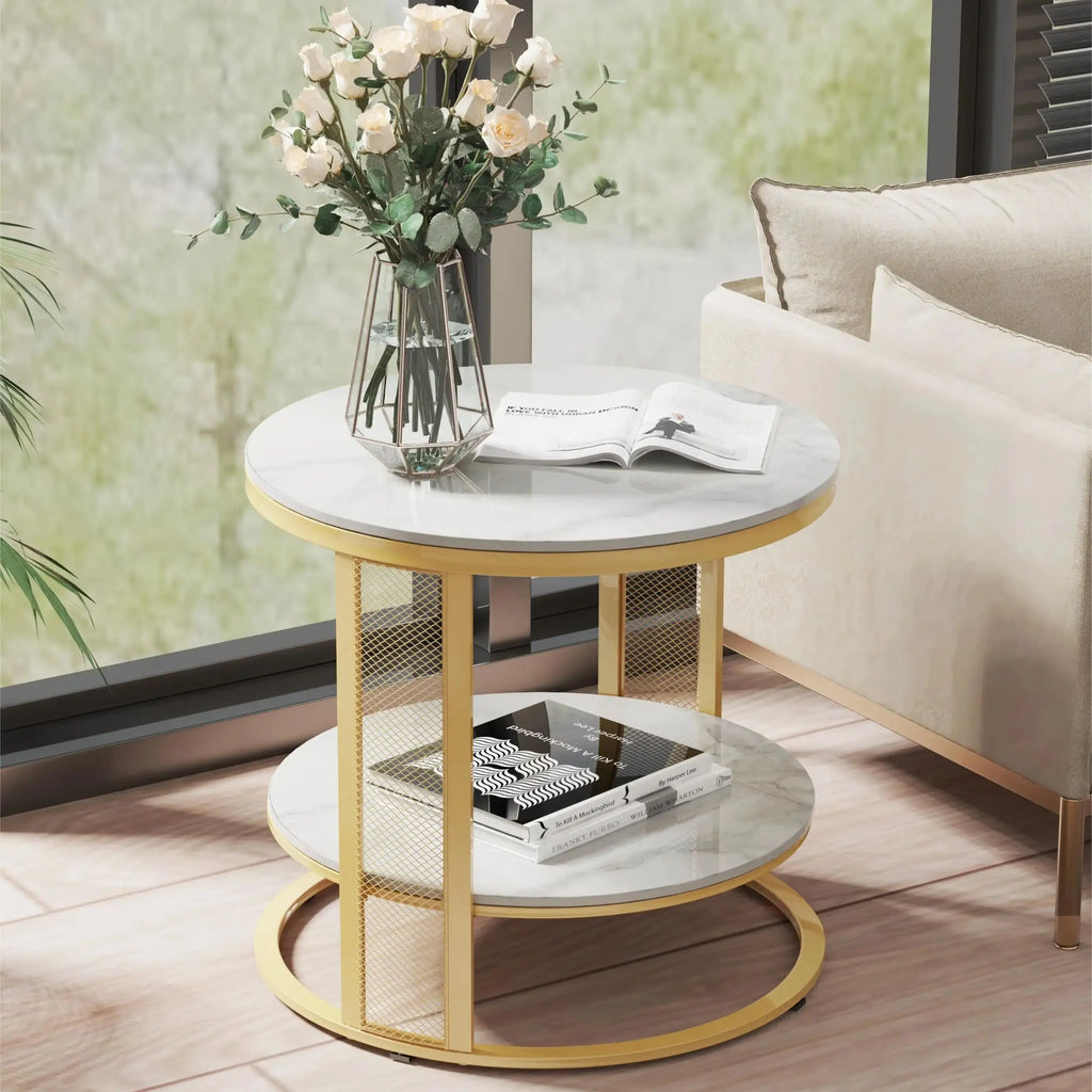 Marble Effect Coffee Table, Large Sofa Side End Table, Golden Metal Frame, 2 Tier, Home Living Room Furniture