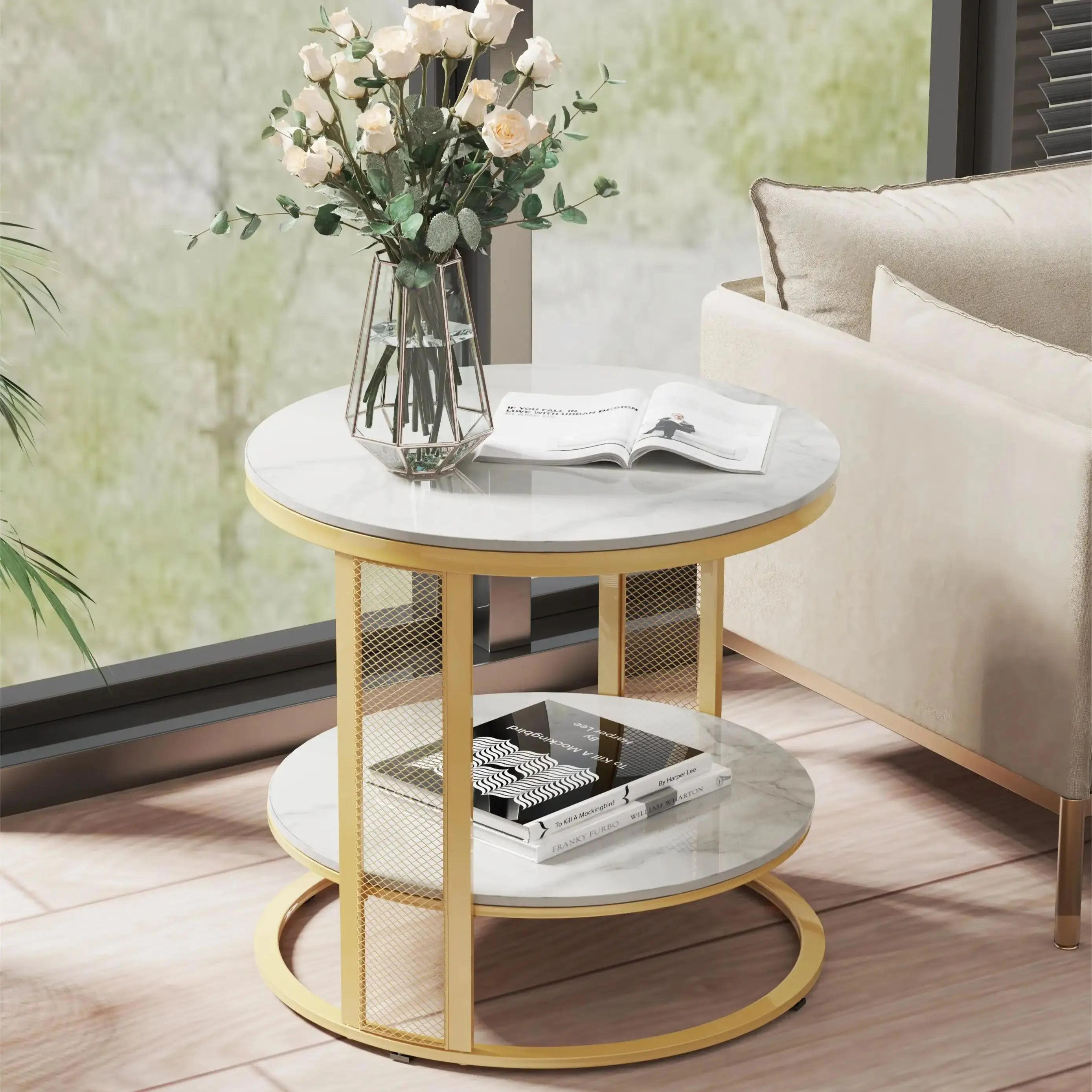 Marble Effect Coffee Table, Large Sofa Side End Table, Golden Metal Frame, 2 Tier, Home Living Room Furniture