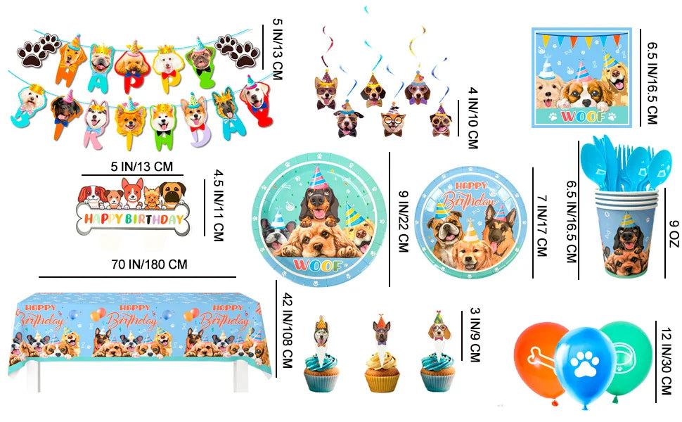 Puppy Birthday Party Supplies for Kids,159pcs Birthday Party Supplies&Tableware Set Dog Party Plates Cups Napkins Banner Balloon