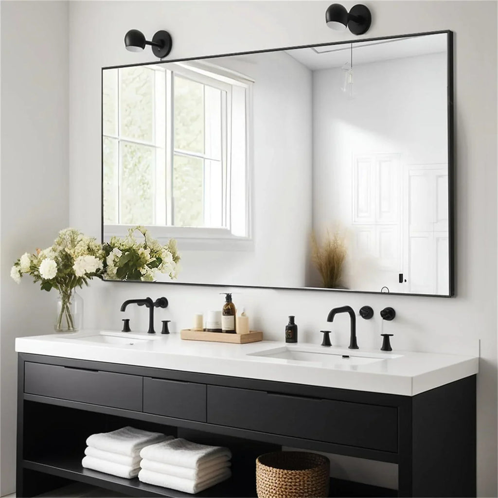 60x90CM Rectangular Wall Mounted Mirror Bathroom Bedroom Makeup Dressing Mirror Black Framed Horizontal or Vertical