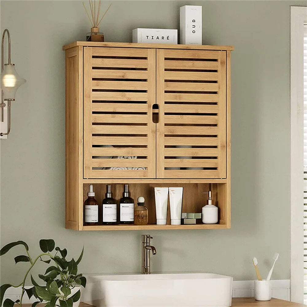 Natural Bamboo Wall-mounted Bathroom Cabinet, Kitchen Cupboard, Storage Organizer, Adjustable Shelf