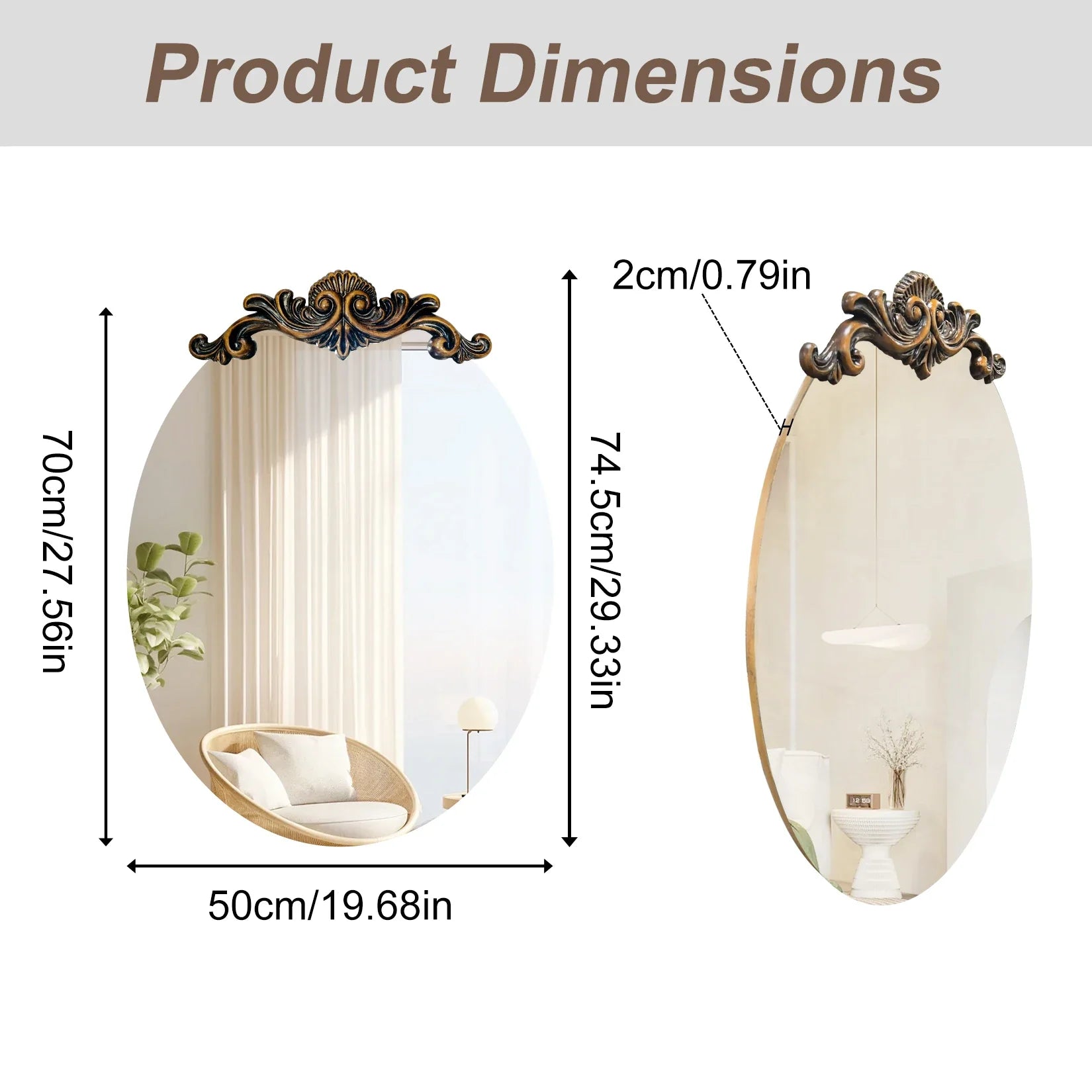 50/60/70CM Oval Vintage Baroque Mirror 3D Embossed Antique Frame Glam Wall Glass Mirror for Entryway, Fireplace, Living Room