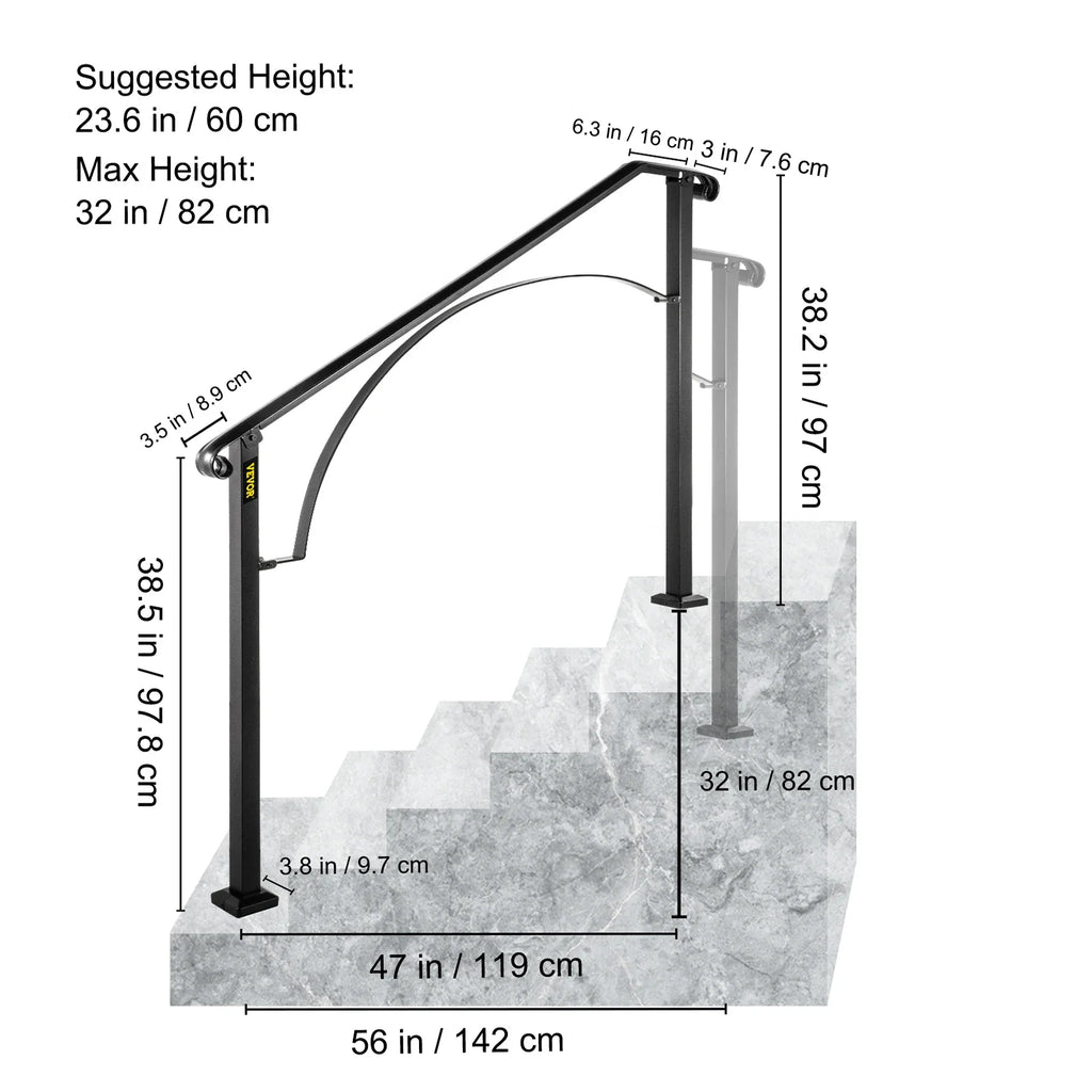 VEVOR Handrails for Outdoor Steps Fit 4 or 5 Steps Outdoor Stair Railing Arch#4 Wrought Iron Handrail Flexible Porch Railing