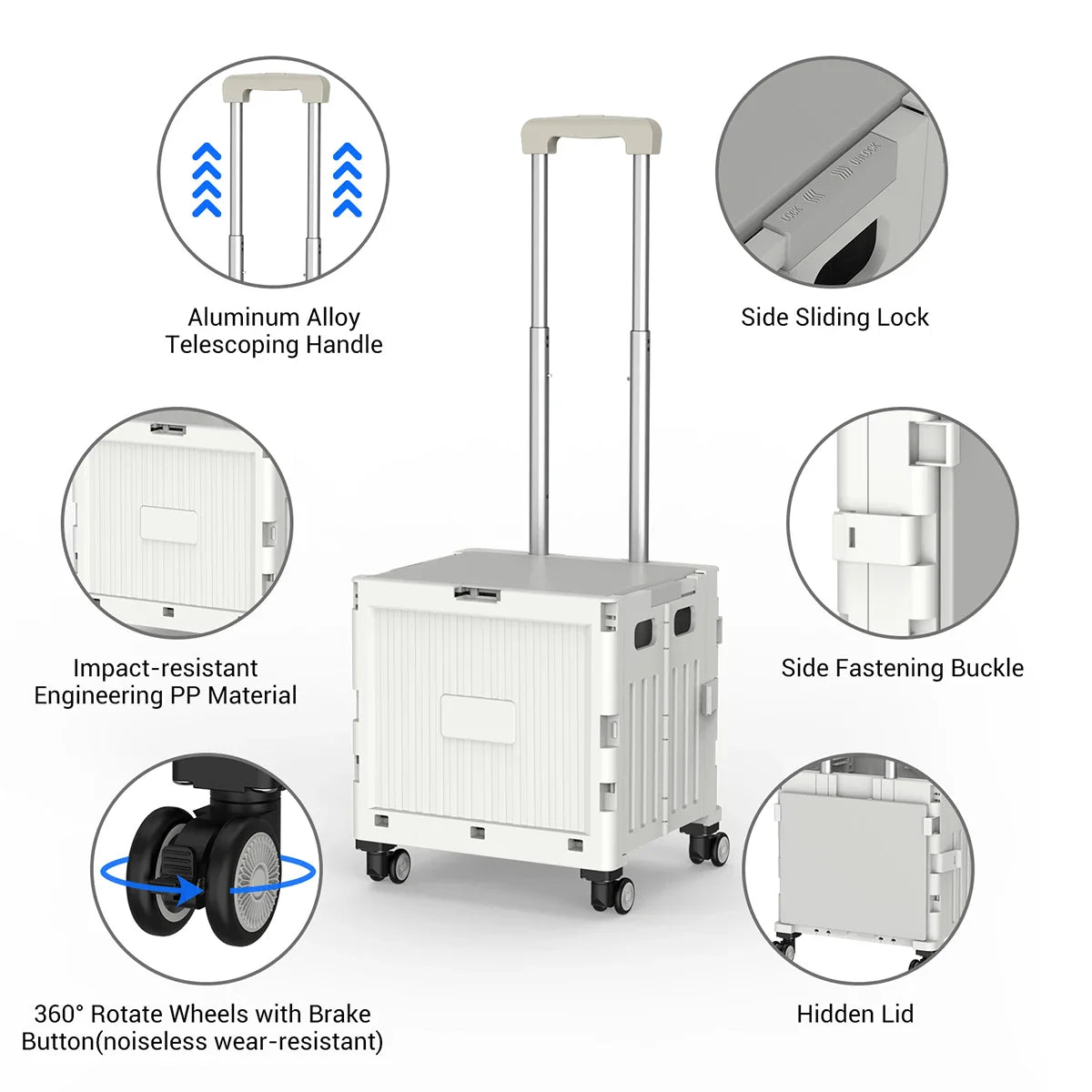 Foldable Utility Cart Mobile Folding Cart with Lid 360°Rotate Large Capacity Portable Shopping Hand Trolley for Travel Camping