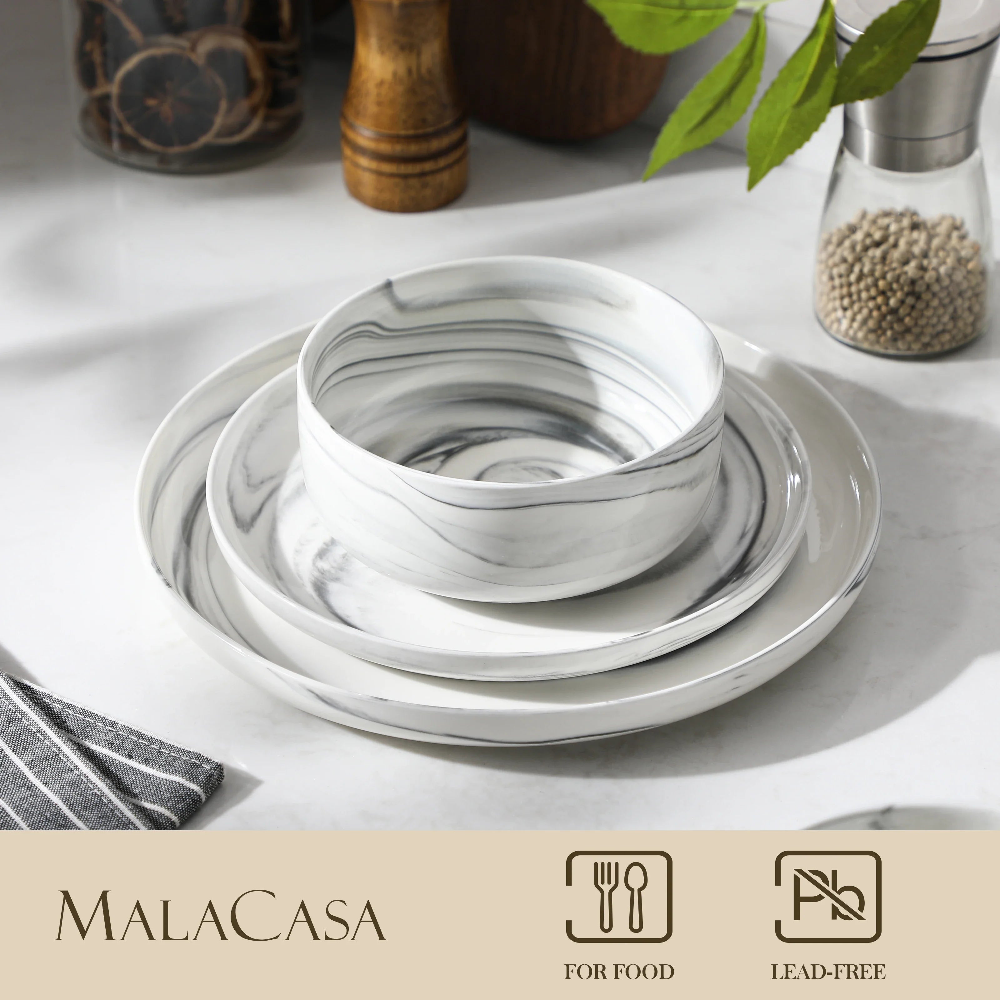 MALACASA 4 Piece Bowl 26oz Ceramic Dinnerware set White Porcelain Plates Grey Marble Tableware Set Cereal Bowls Salad Soup Bowls