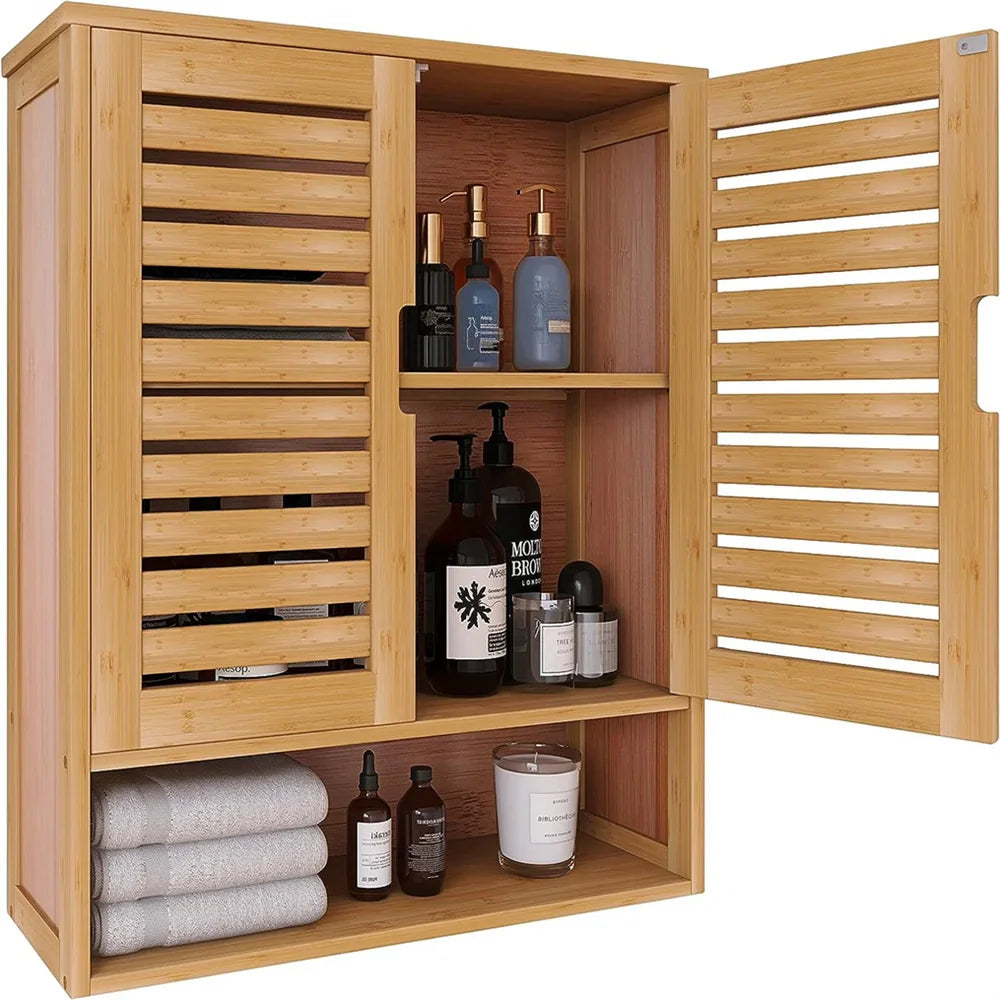 Natural Bamboo Wall-mounted Bathroom Cabinet, Kitchen Cupboard, Storage Organizer, Adjustable Shelf