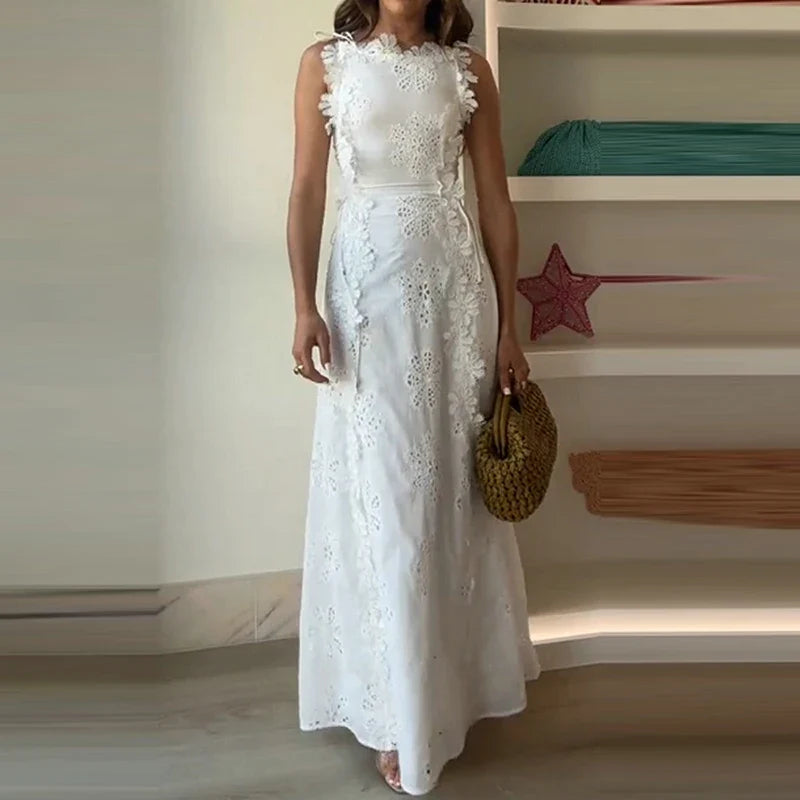 Summer Lace Jacquard Women's Banquet Dress Elegant O Neck Sleeveless Lace Up Beach Dress Fashion Hollow Out Slim Fit Long Dress