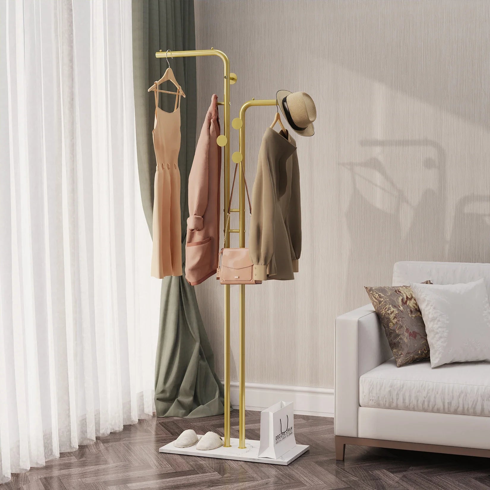 Heavy Duty Metal Dual-pole Clothes Rail Anti-Collapse Garment Rack Coat Hanger Stand Stable Stone Base
