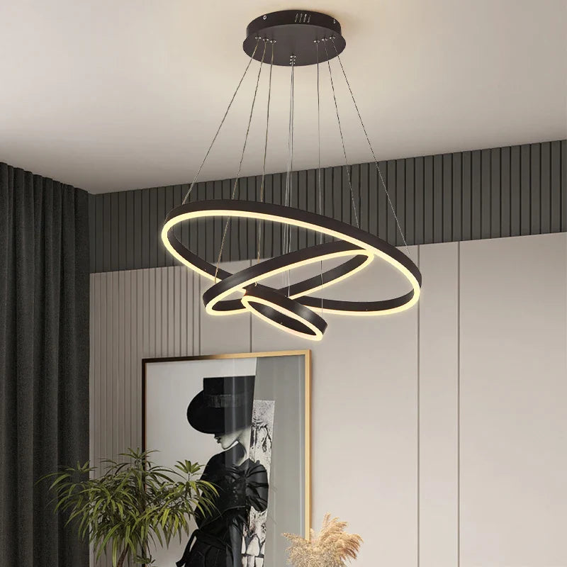 KOMORE Modern 3 Ring Aluminum Round Hanging LED Pendant Light Stepless Dimming & Cool White for Kitchen Living Room Hallway