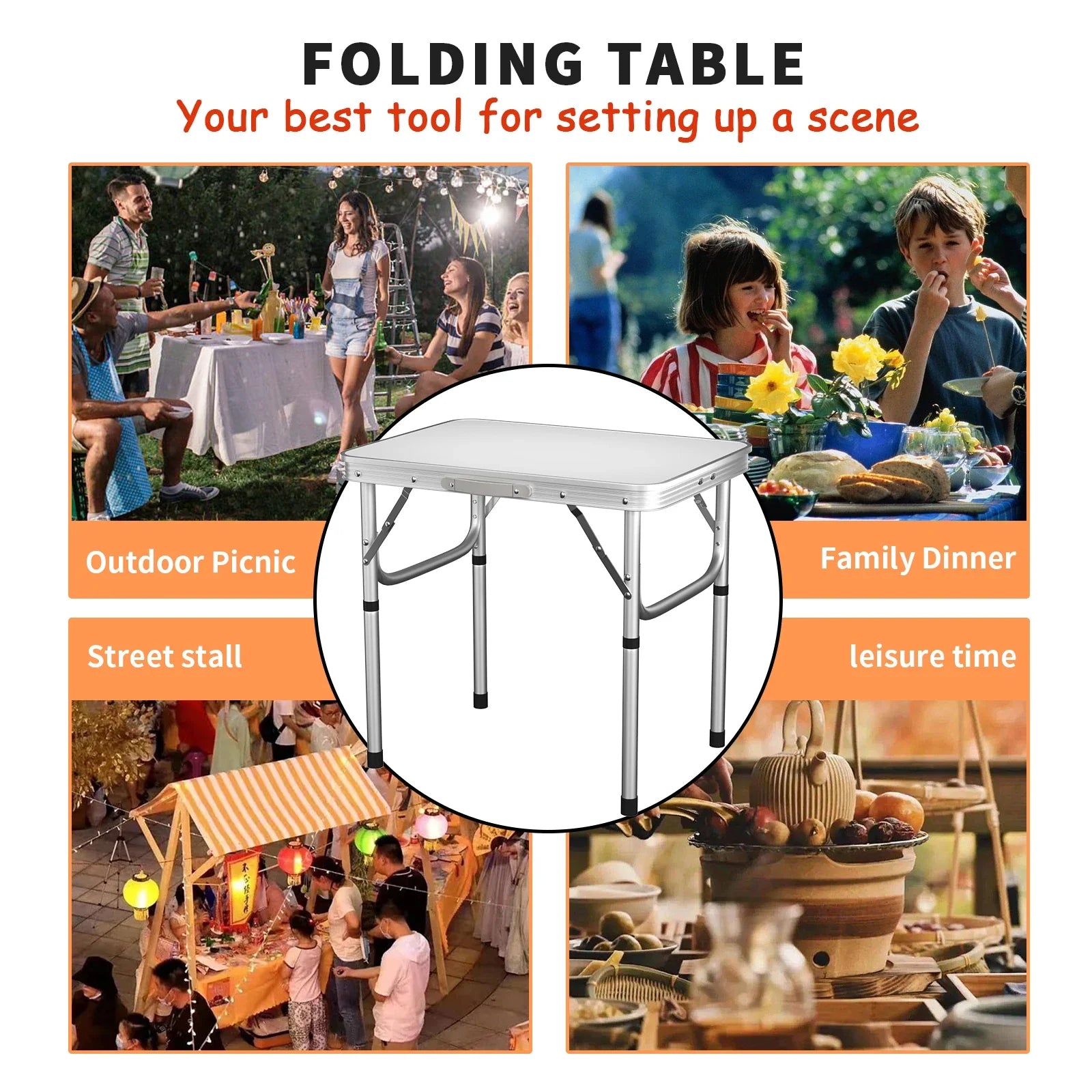 Folding Camping Table Portable Foldable Picnic Table for Outdoor Indoor Garden Lightweight Fold Up Table with 2 Adjustable Heigh