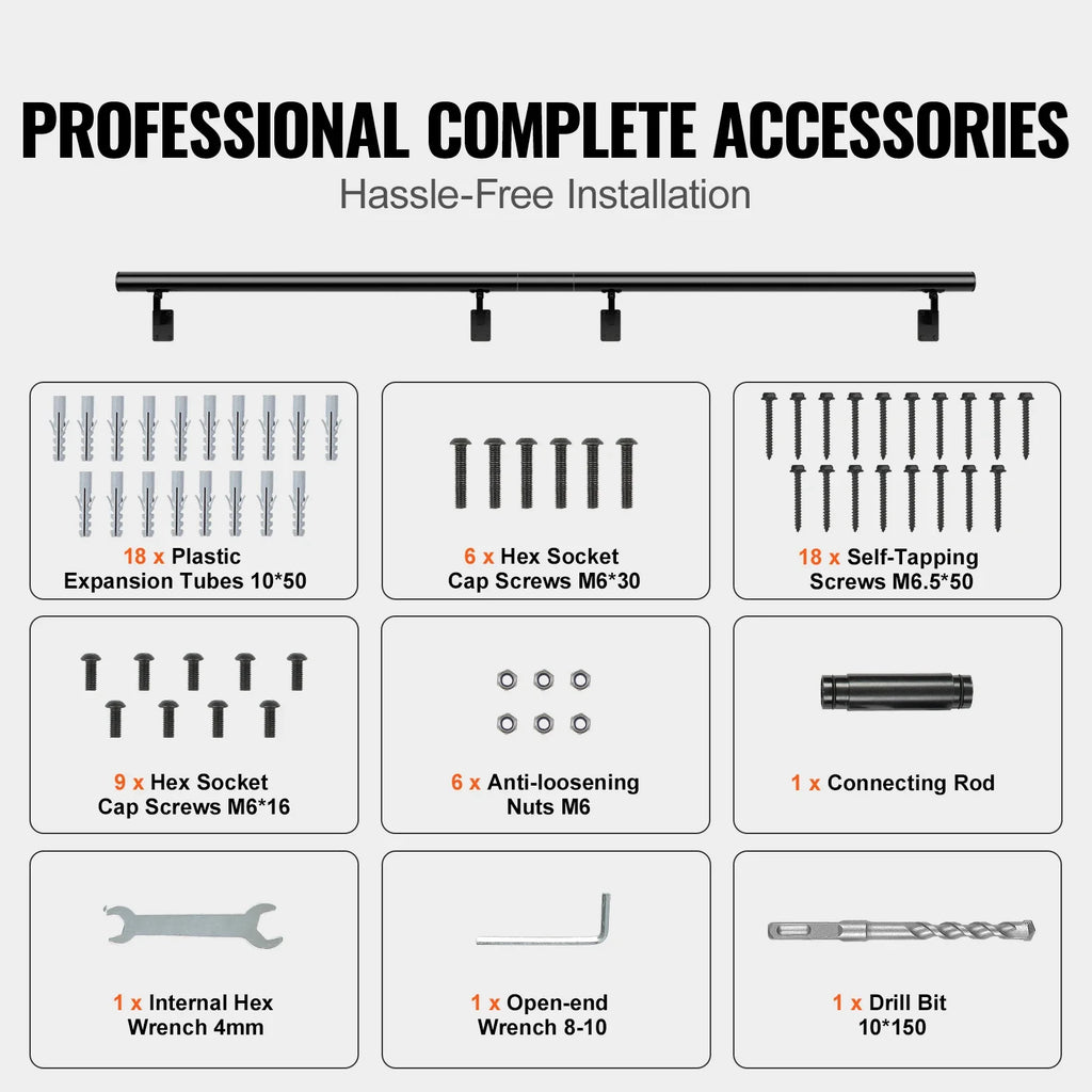 VEVOR 4/5/7/12 ft Handrail Stair Railing 440 LBS Wall Mount Stairway Hand Rail with Installation Kit for Indoor Outdoor Stairs