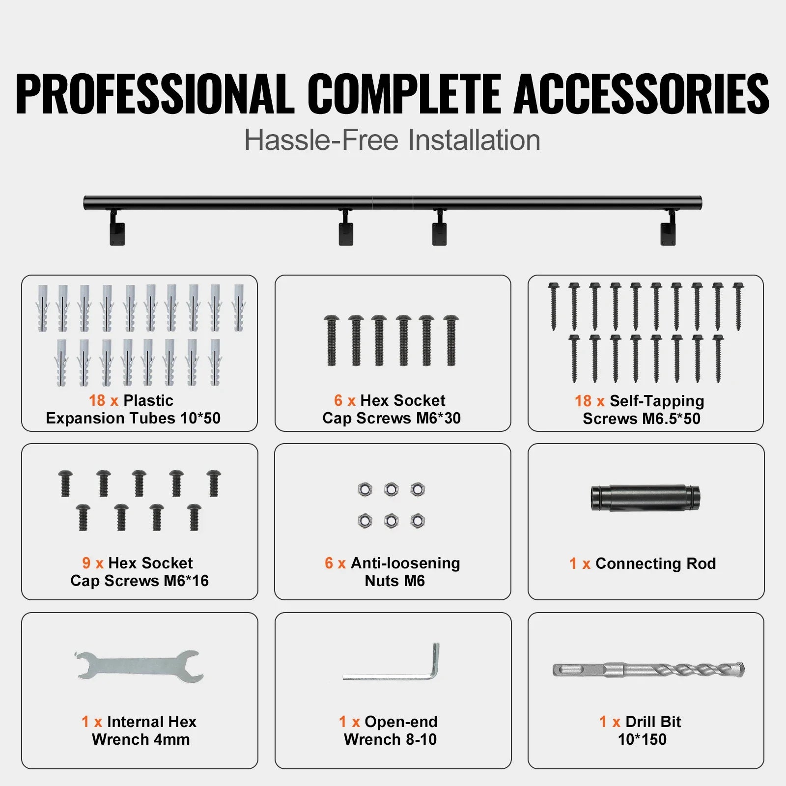 VEVOR 4/5/7/12 ft Handrail Stair Railing 440 LBS Wall Mount Stairway Hand Rail with Installation Kit for Indoor Outdoor Stairs