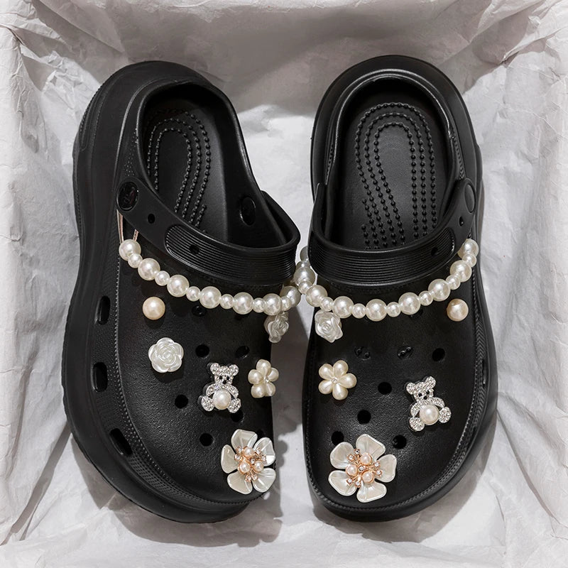 Pearl Chain Chunky Platform Sandals Women 2025 Summer Thick Bottom Beach Clogs Shoes Woman Fashion Flower Decor EVA Garden Shoes