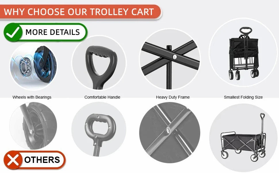 Beach Trolley on Wheels, Foldable Camping Trolley Cart Folding Collapsible Festival Trolley for Camping Garden Picnic Outdoor