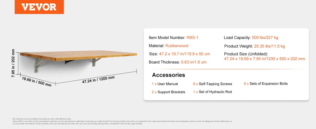 VEVOR Wall Mounted Folding Table, Wall Mount Drop Leaf Table, Wooden Floating Desk with Iron Bracket, Fold Down Desk for Spaces