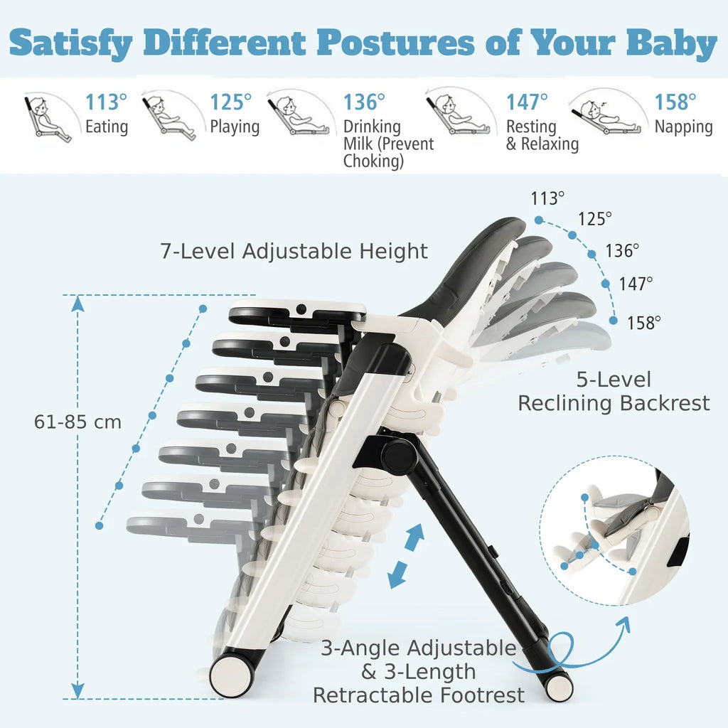 GOFLAME Foldable Baby High Chair Feeding Chair With Recline Backrest Detachable Trays