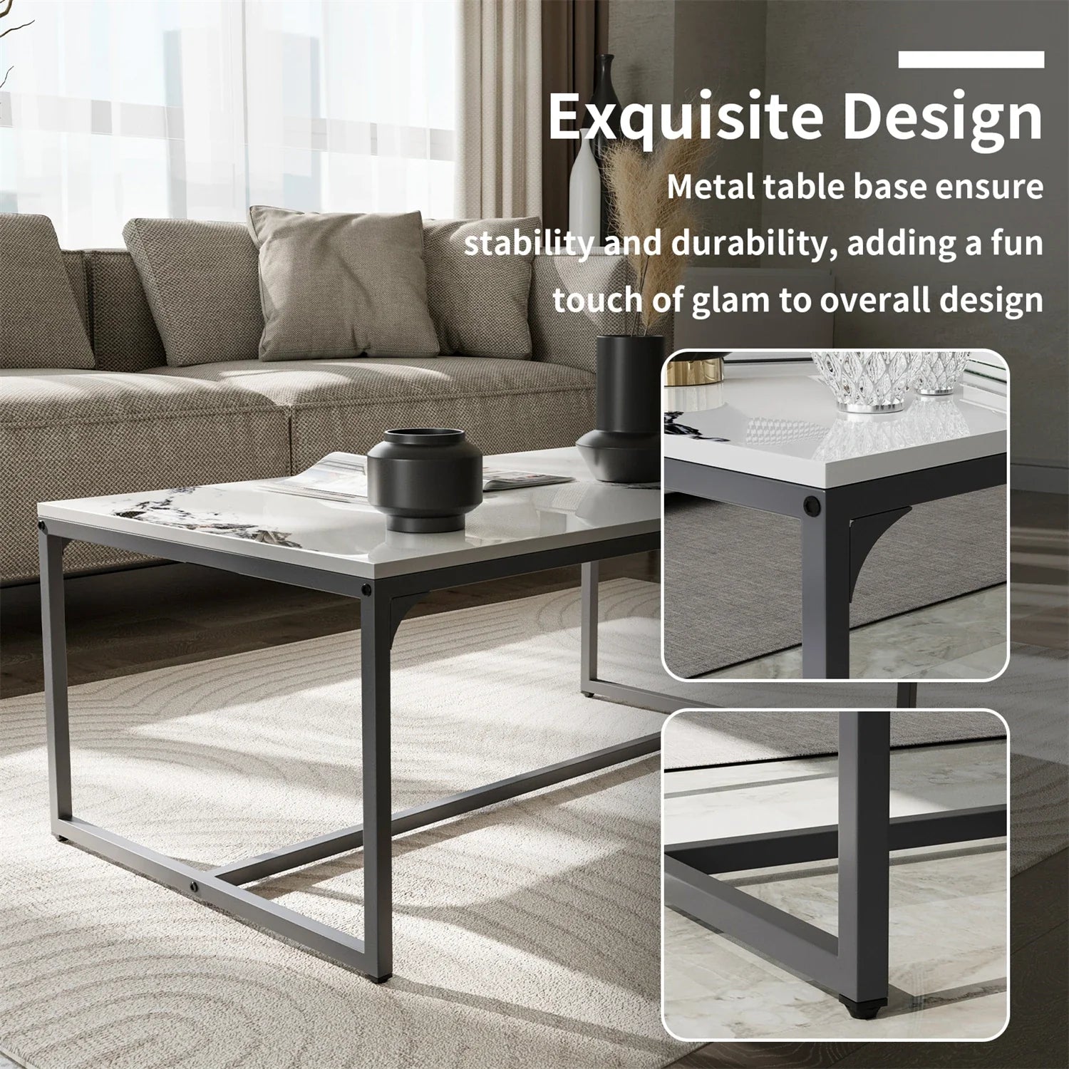 Ink Painting Texture Rectangular Coffee Table Modern Chic Sofa Side Sintered Stone-top Center Table Aluminum Frame