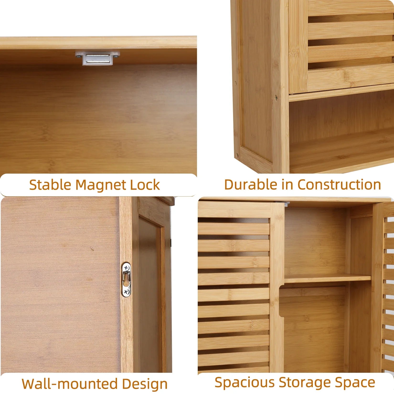 Natural Bamboo Wall-mounted Bathroom Cabinet, Kitchen Cupboard, Storage Organizer, Adjustable Shelf