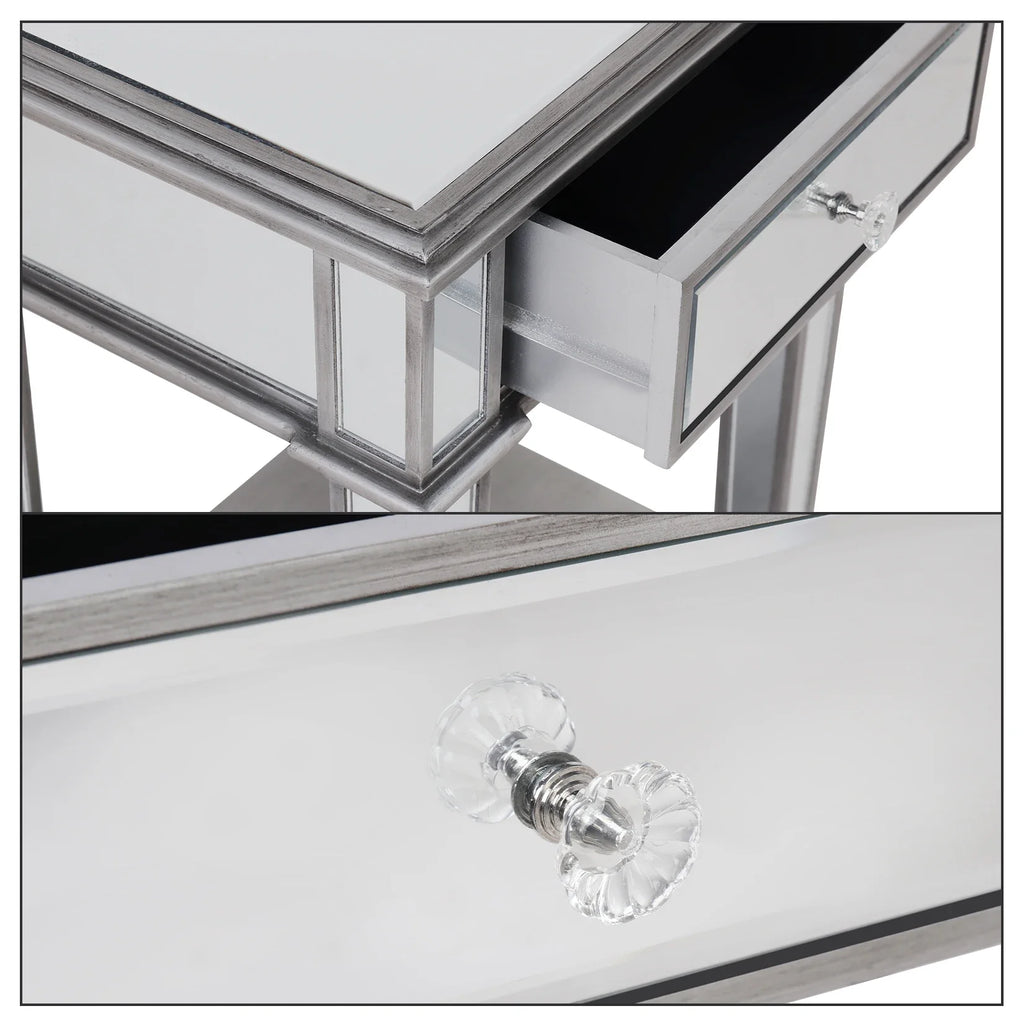 Silver Mirrored End Table for Living Room Bedroom, 2 Tier, Sofa Side, Bedside Cabinet, Nightstand Desk with Drawer