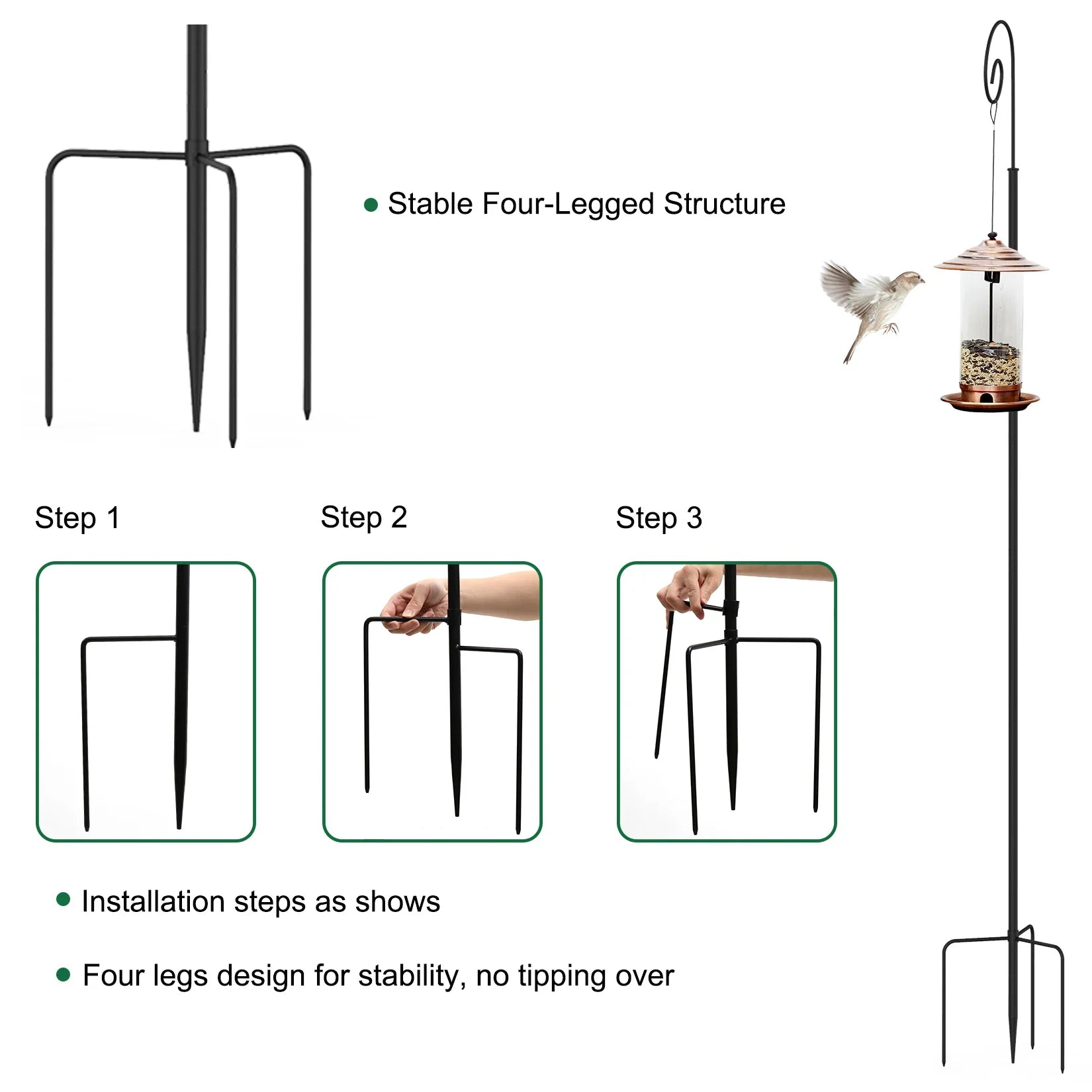 Tall Shepherd Crook Hooks, Metal Border Hook, 3 Section Stitching Pipe Stand, Detachable Bird Feeder Pole, Garden Hanger, 2Pcs