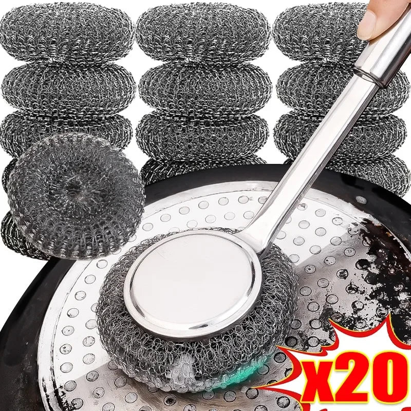 Stainless Steel Wire Brush with Long Handles Kitchen Replacement Steel Wool Wire Ball Dishwashing Brush Sink Countertop Cleaning