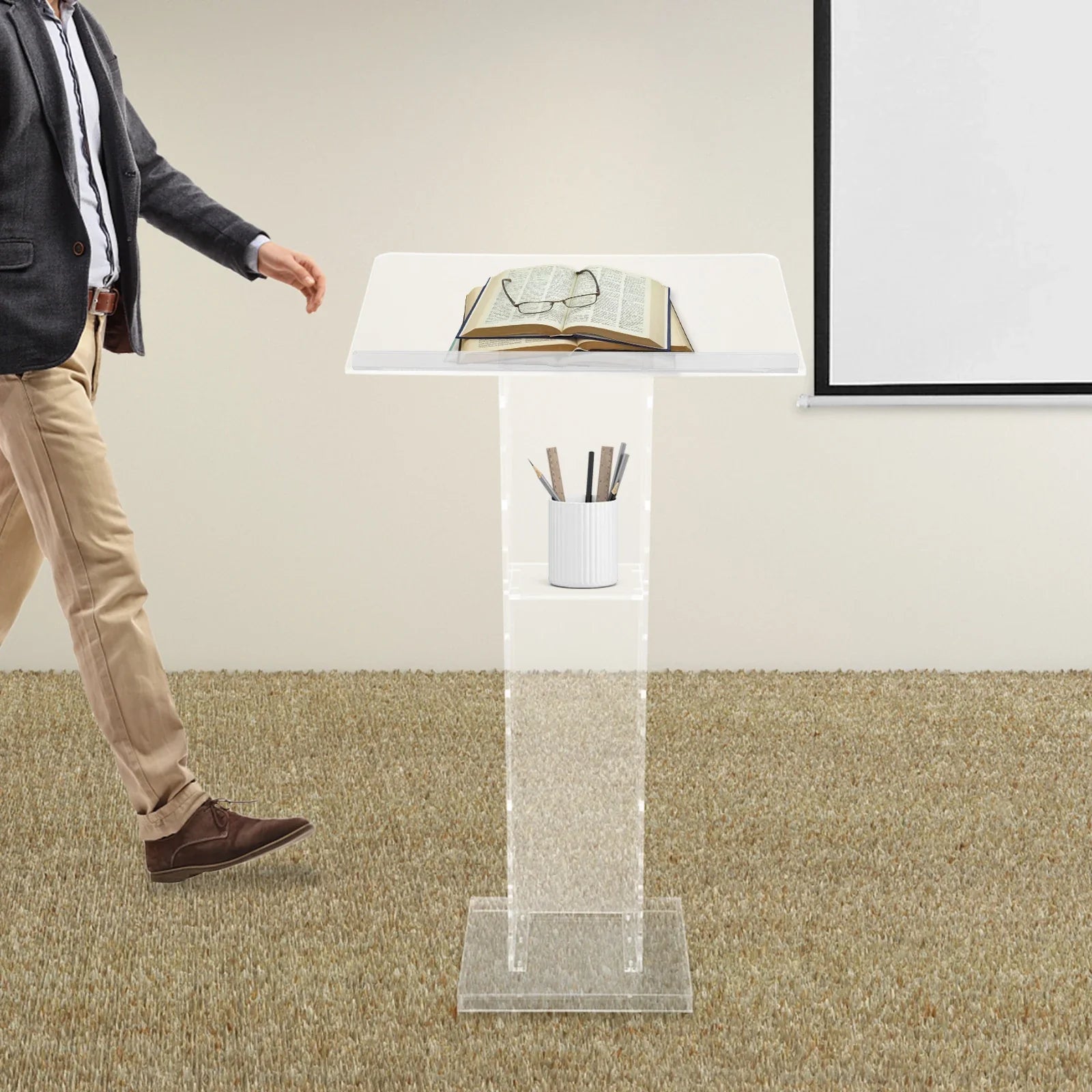 Acrylic Podium Floor Standing Clear Lecterns W/ Storage Shelf School Stand Desk Church Pulpit Office Lecture Table 43in H