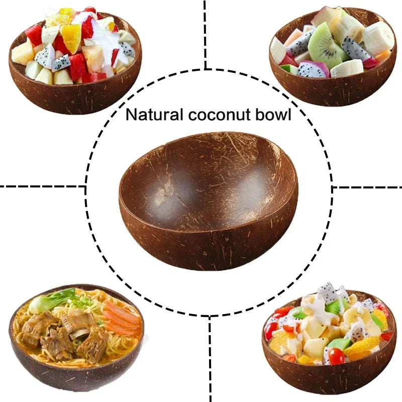 Natural Coconut Bowl Dinner Set for Women, Handmade Wooden Tableware, Wood Spoon, Dessert Fruit Salad, Mixing Rice Ramen Bowl, 1