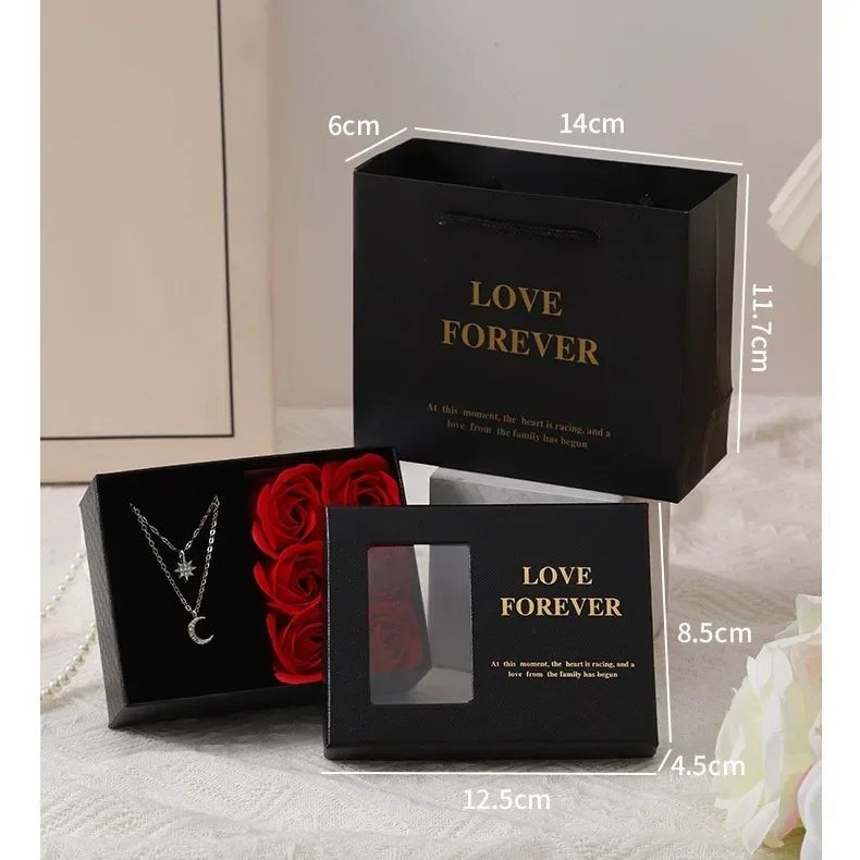Valentine's Day Jewelry Gift Packaging Box  6 Rose Pendants Ring Bracelet Eternal Flower Window Opening Jewelry Box Romantic Bag