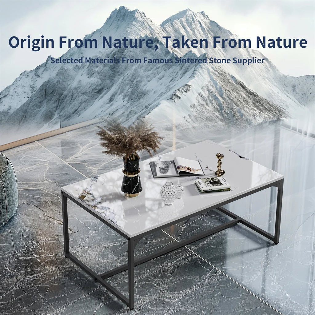 Ink Painting Texture Rectangular Coffee Table Modern Chic Sofa Side Sintered Stone-top Center Table Aluminum Frame
