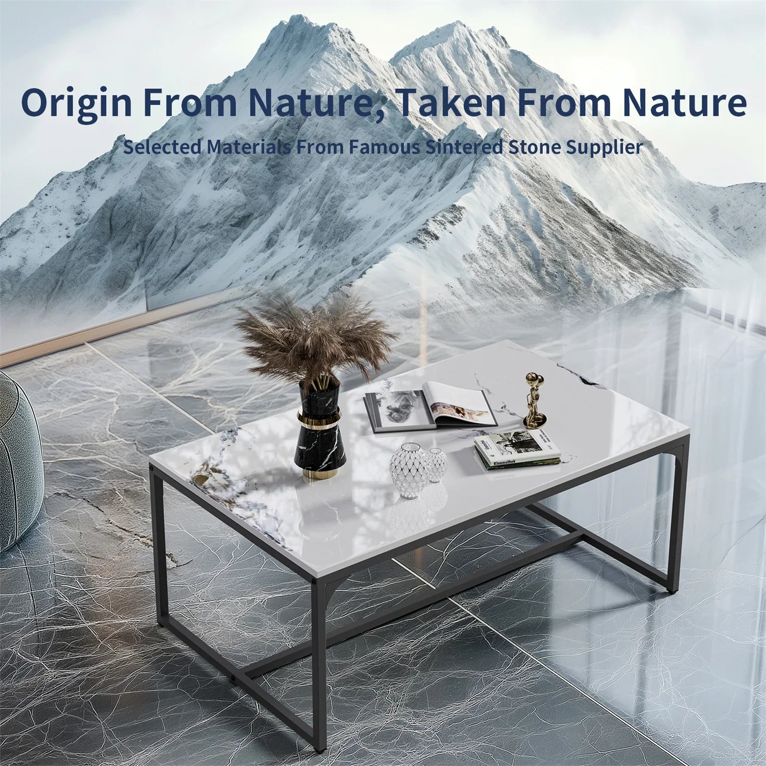 Ink Painting Texture Rectangular Coffee Table Modern Chic Sofa Side Sintered Stone-top Center Table Aluminum Frame