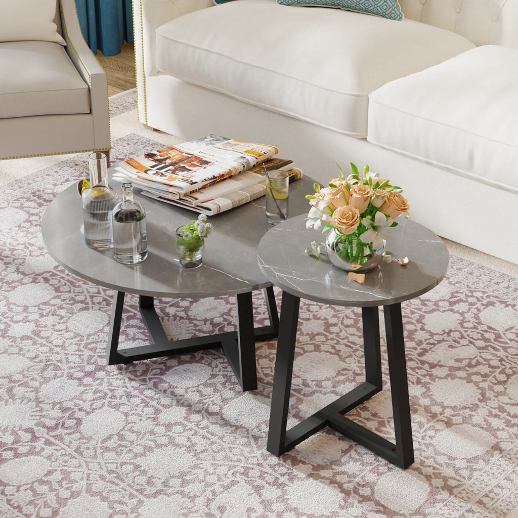 Modern Nesting Coffee Table, Round Accent Cafe Table, Side End Table, Grey Sintered Stone, Metal Frame, Set of 2