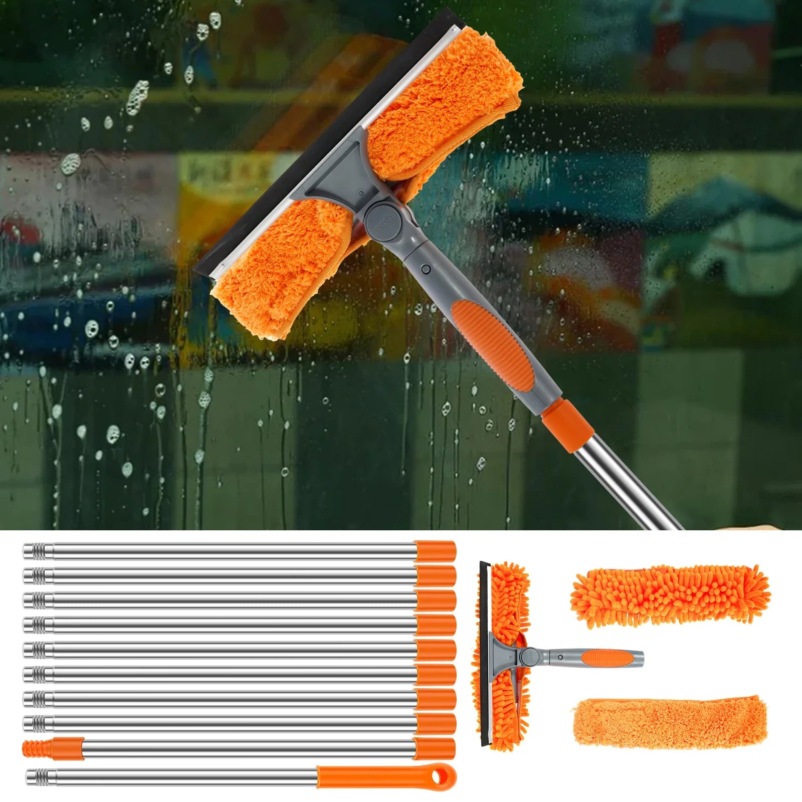 Extendable Window Cleaner Tools Set 2 in 1 Double Sided Window Cleaner Duster Tool 180° Rotatable Long Handle Window Mop