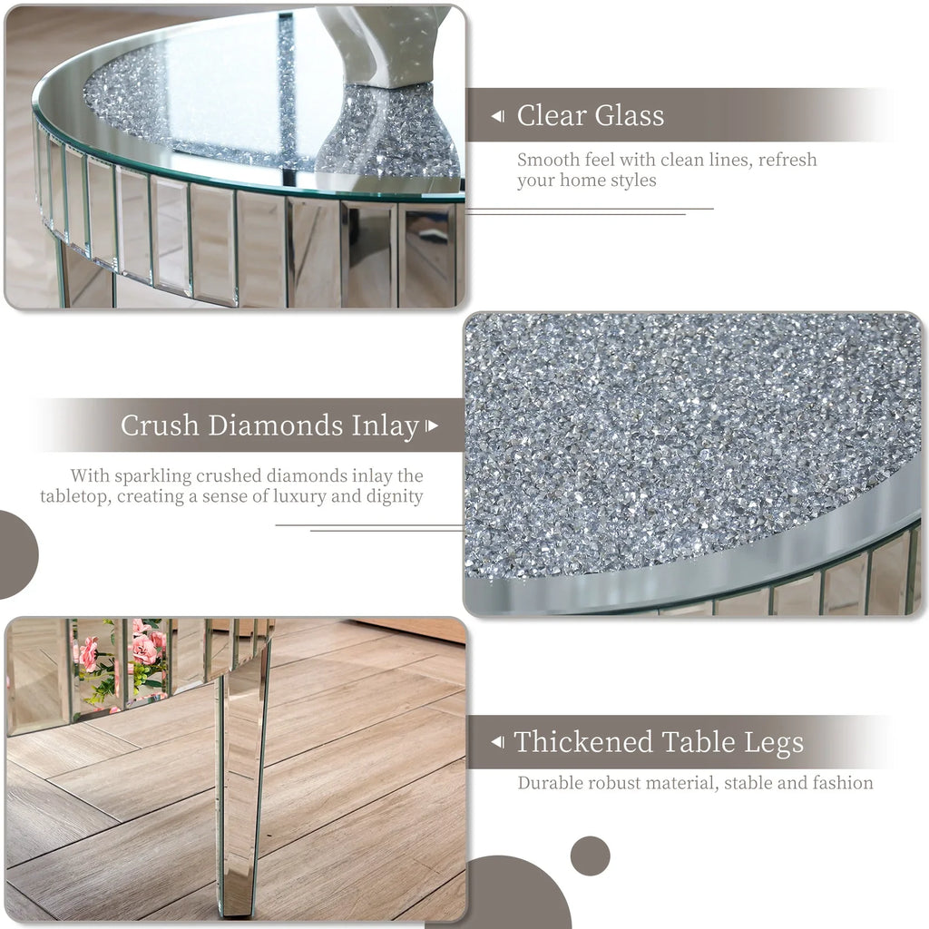 FATIVO Large Round Mirrored Coffee Table Beveled Bling Crushed Diamond End Table