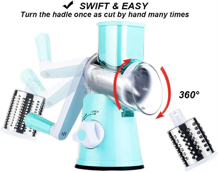 Manual Rotary Cheese Grater Shredder Kitchen Mandoline Vegetable Slicer with 3 Replaceable Stainless Steel Drum Blades YY001