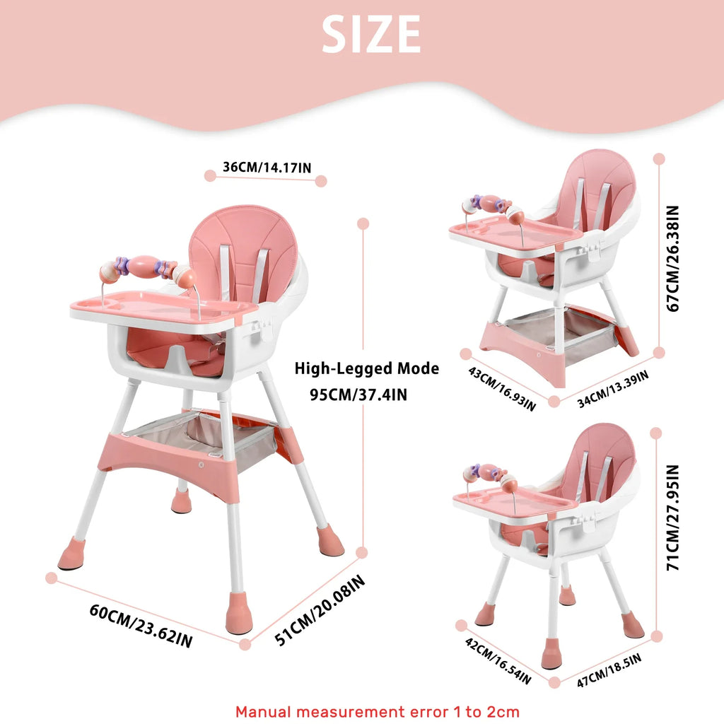 Baby High Chair, Portable Baby Dining Chairs Eat & Play Convertible High Chair with Double-Layer Dinner Plate and Toy Rack