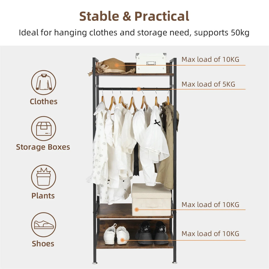 Heavy Duty Garment Rack, Wardrobe Storage Rack, Hall Tree Clothes Rack, Adjustable Shelves, Portable Organizer
