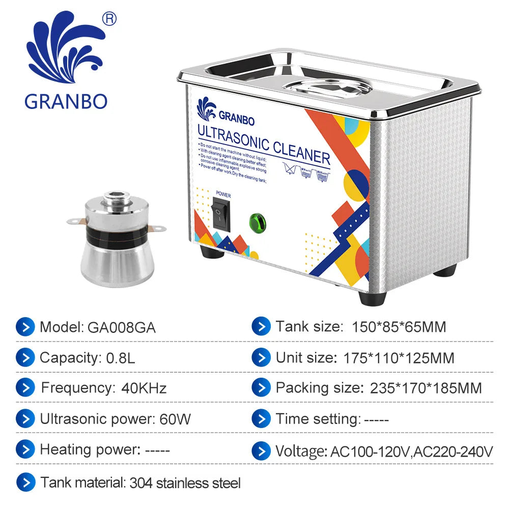 Granbosonic Ultrasonic Cleaner 800ML 1L 40KHz 35W 60W Easy Operation Jewelry Glasses Makeup Washer Bath New Design