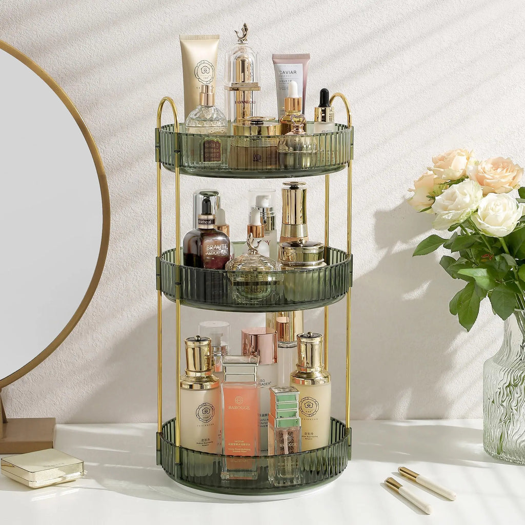 Rotating Makeup Organizer for Vanity Make Up Storage Box for Bathroom Counter Clear Cosmetic Toiletry Dresser Spinning Holder