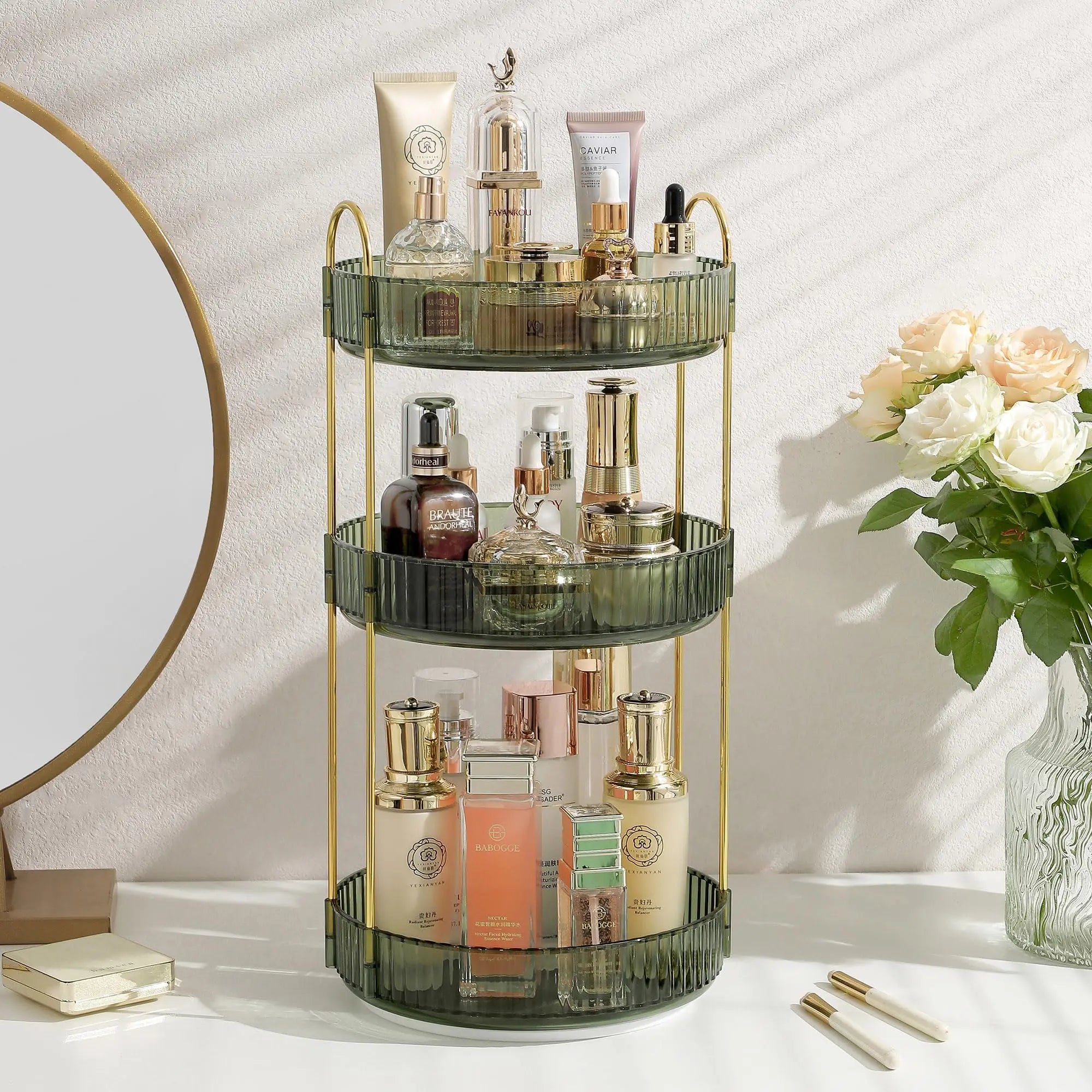 Rotating Makeup Organizer for Vanity Make Up Storage Box for Bathroom Counter Clear Cosmetic Toiletry Dresser Spinning Holder