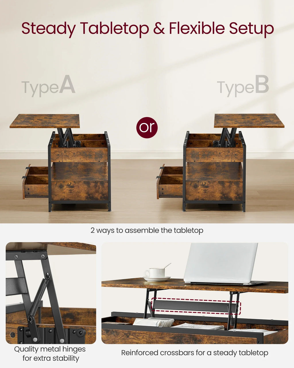 VASAGLE Lift Top Coffee Table, Living Room Table, with Storage Drawers, Hidden Compartments, and Open Shelf