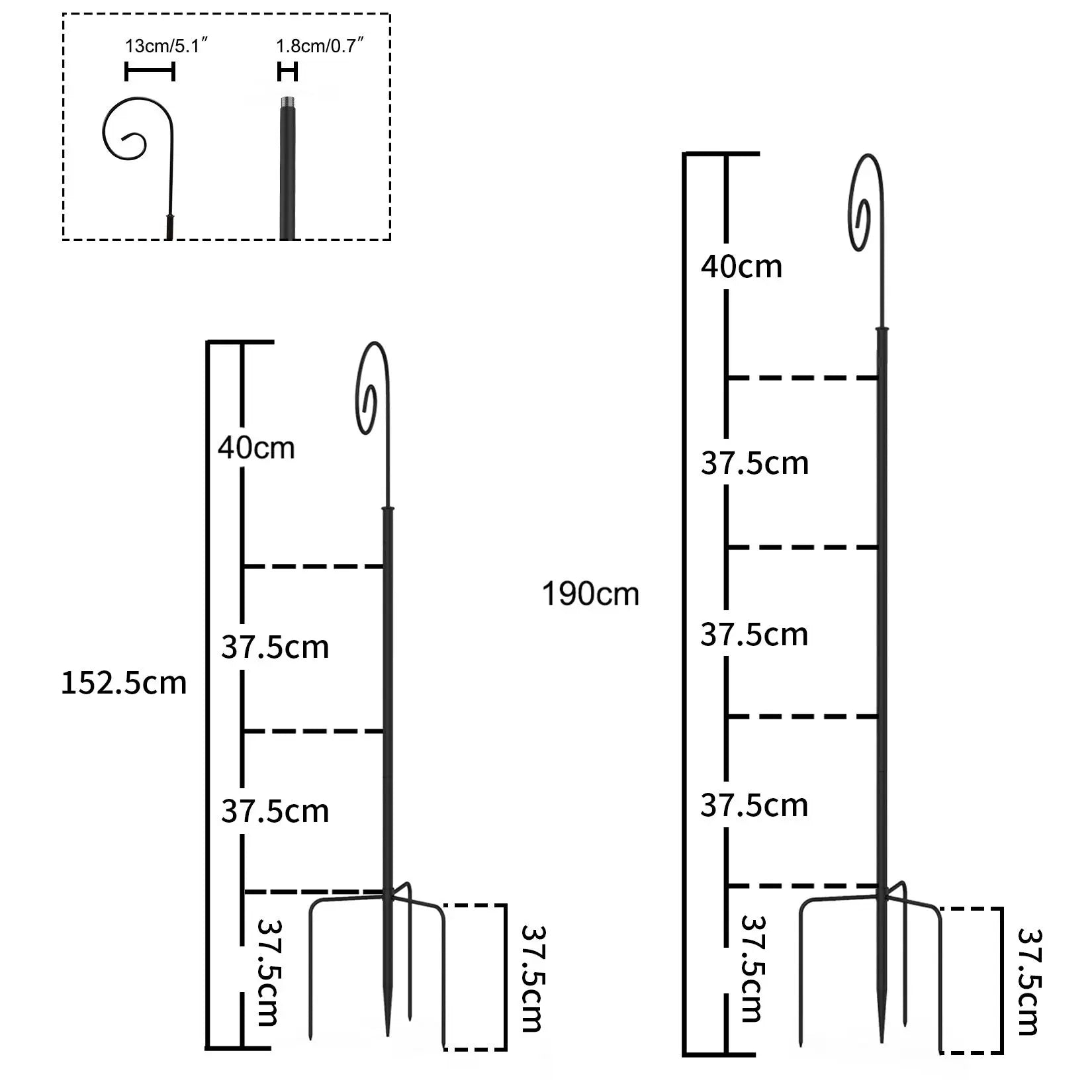Tall Shepherd Crook Hooks, Metal Border Hook, 3 Section Stitching Pipe Stand, Detachable Bird Feeder Pole, Garden Hanger, 2Pcs