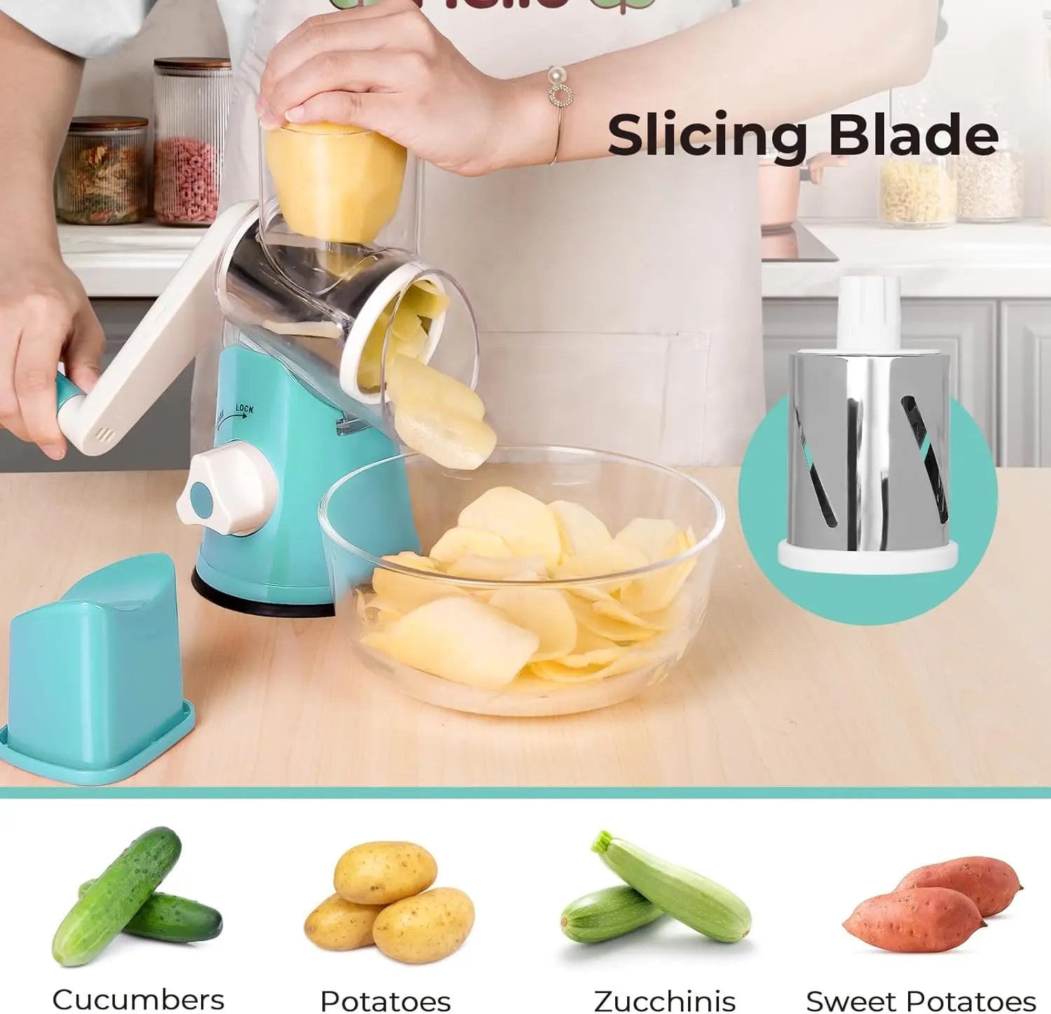 Manual Rotary Cheese Grater Shredder Kitchen Mandoline Vegetable Slicer with 3 Replaceable Stainless Steel Drum Blades YY001