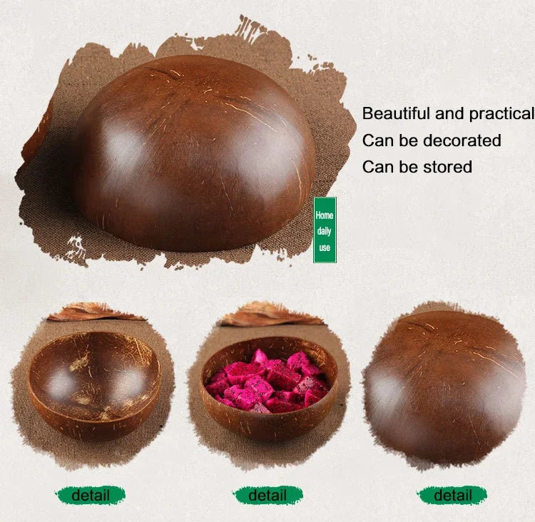 Natural Coconut Bowl Dinner Set for Women, Handmade Wooden Tableware, Wood Spoon, Dessert Fruit Salad, Mixing Rice Ramen Bowl, 1