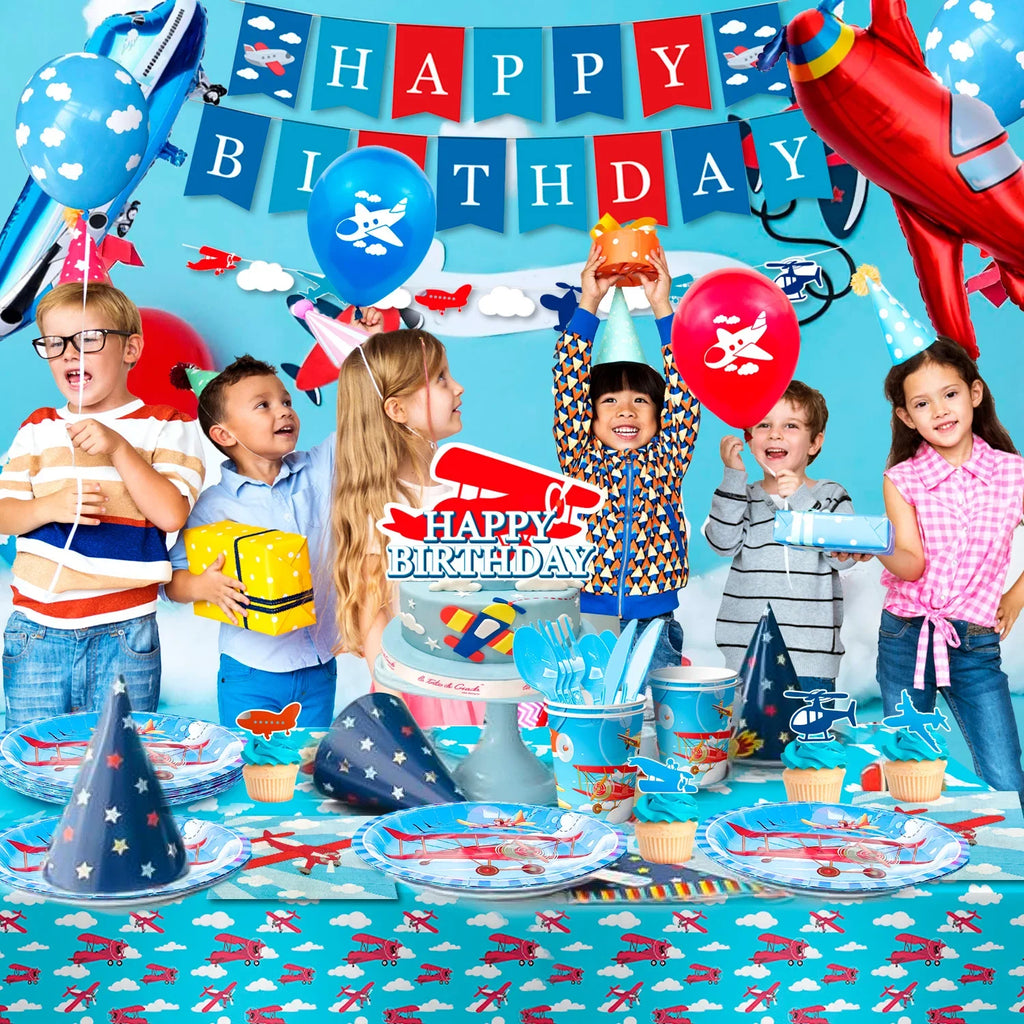 Airplane Birthday Party Decorations,167pcs decorations&Airplane Party Tableware set-Airplane Plates Napkins Cups TableCloth etc