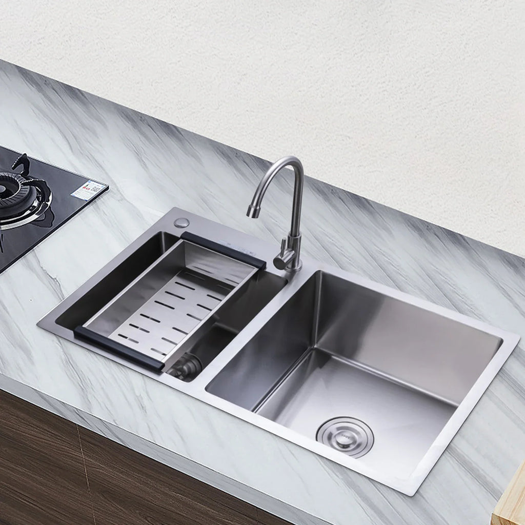 Kitchen Sink Stainless Steel Double Bowl Anti Corrosion Soundproof with Draining Basket and Sewer