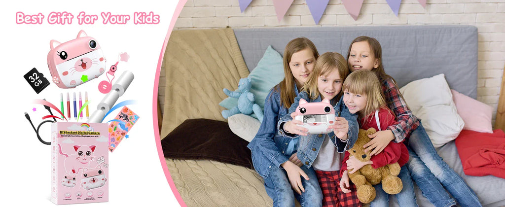 Kids Instant Print Camera 2.4 Inch 1080P Digital Camera Portable Cartoon Video Camera With 32GB Card & 5 Color Pens