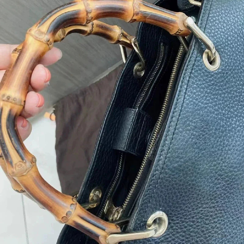 Large Capacity Black Tote Bag Women High Quality Soft Comfortable Leather Bamboo Handle Handbag Minimalist Fashion Female Bags