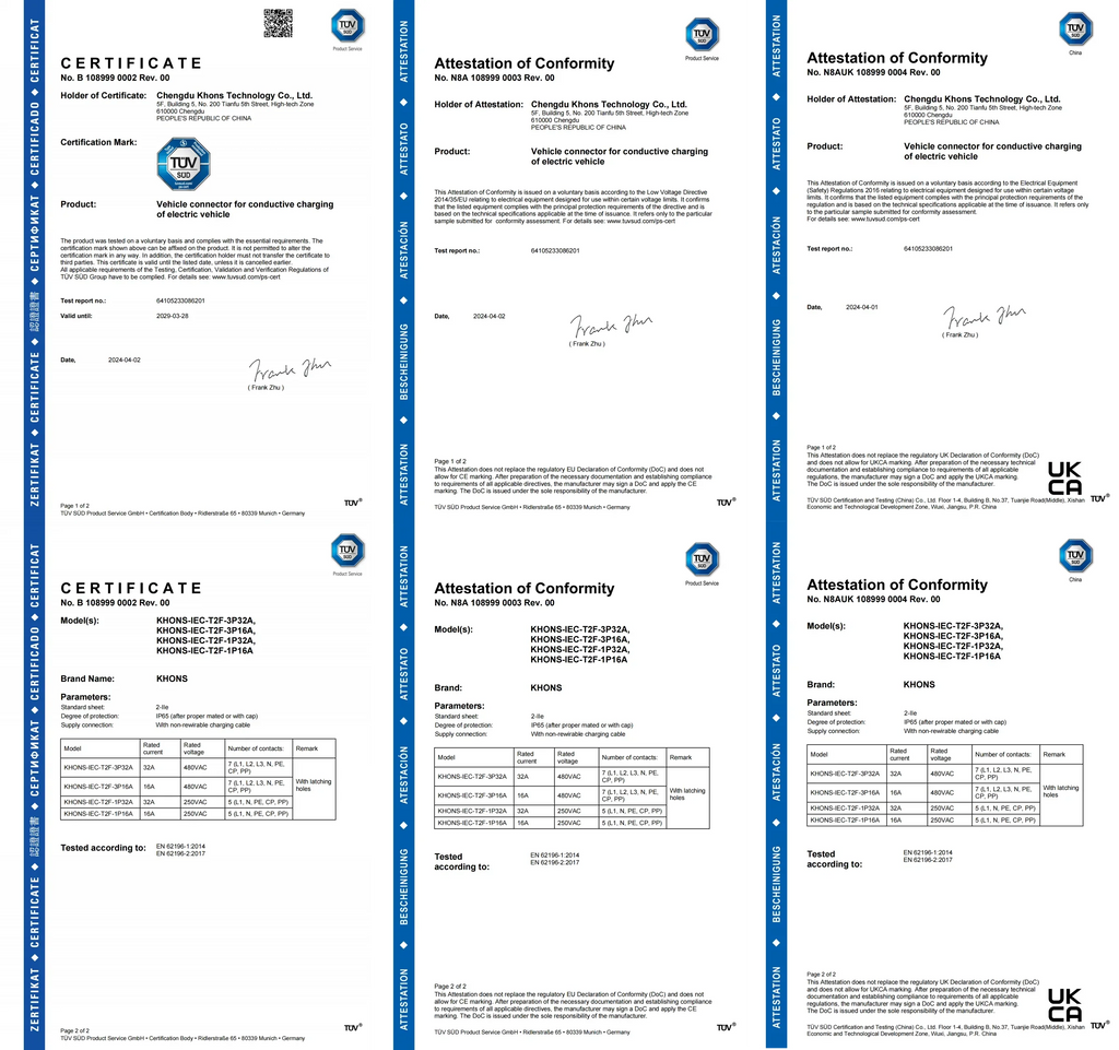 Khons Type2 To Type2 Ev Charging Cable  3Phase 32A Female To Male Plug 5M Cable 22kw IEC62196-2  EVES Charging Stations